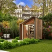 tiny house kantoor hout, glas, groene tuin