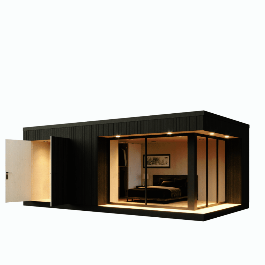 Modern Tiny House with Flat Roof, Black Finishes, Sliding Glass Door, and Spacious Glass Sliding Panel