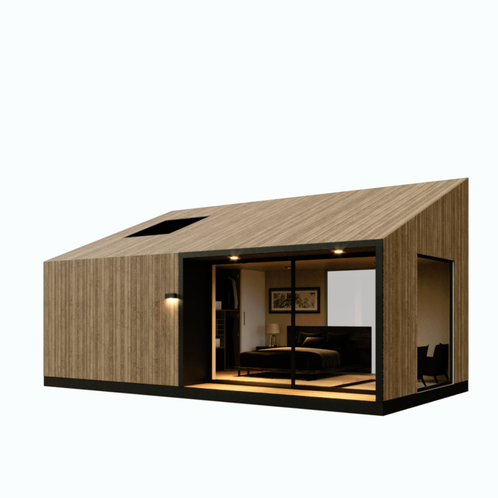 Stylish Tiny House with Pitched Roof, Brown and Black Finishes, Designer Lighting, and Glass Sliding Door