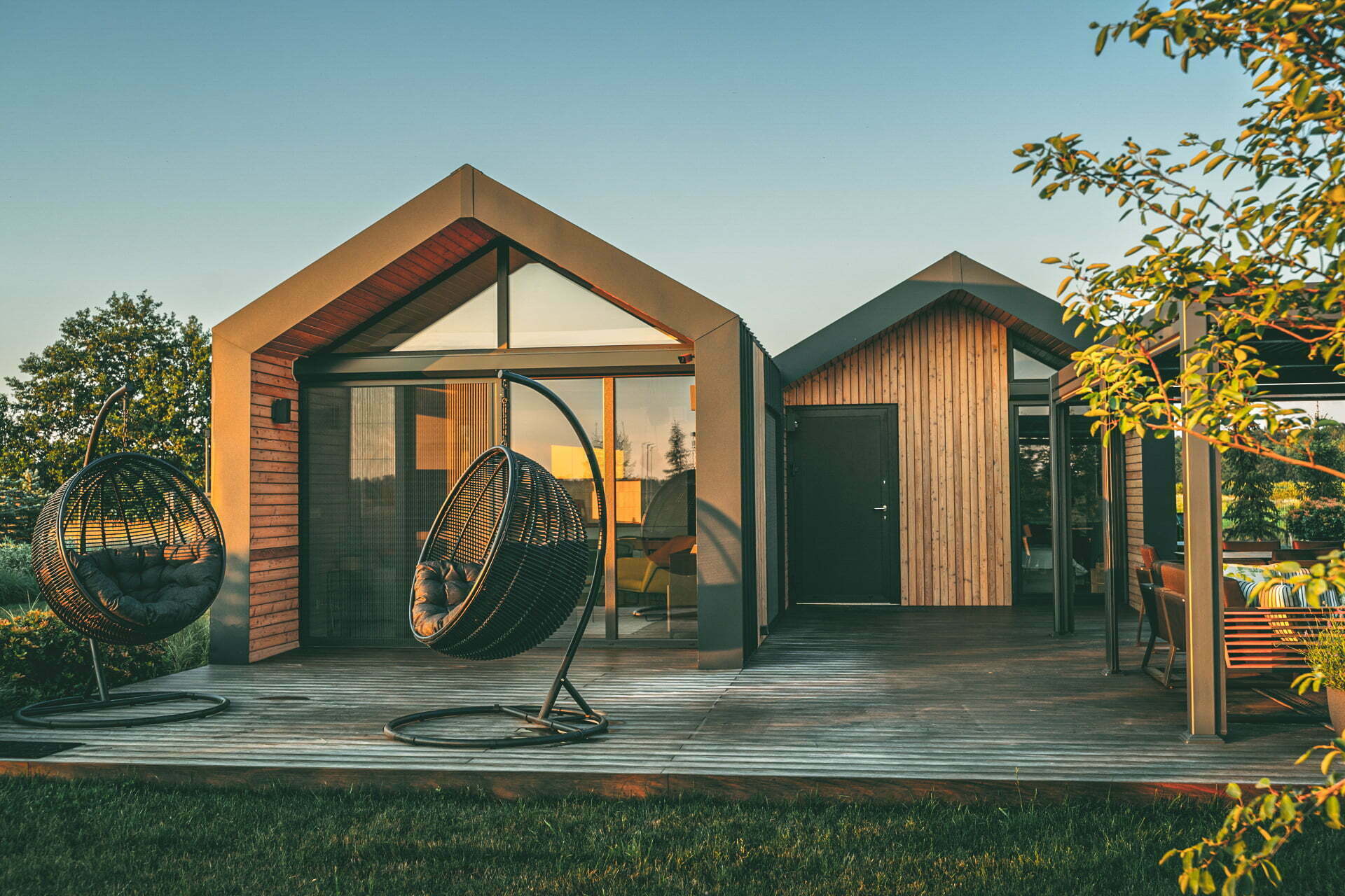 Luxurious Family Tiny House for Sale Luxurious and Modern Big Tiny House, Wooden Terrace, Two modules, Wood and steel finish, blue skies