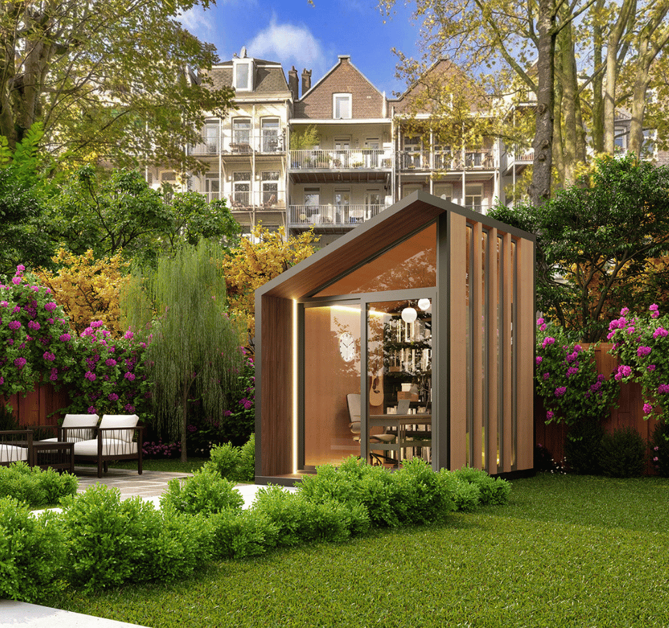 Tuin kantoor met terras en veel groen