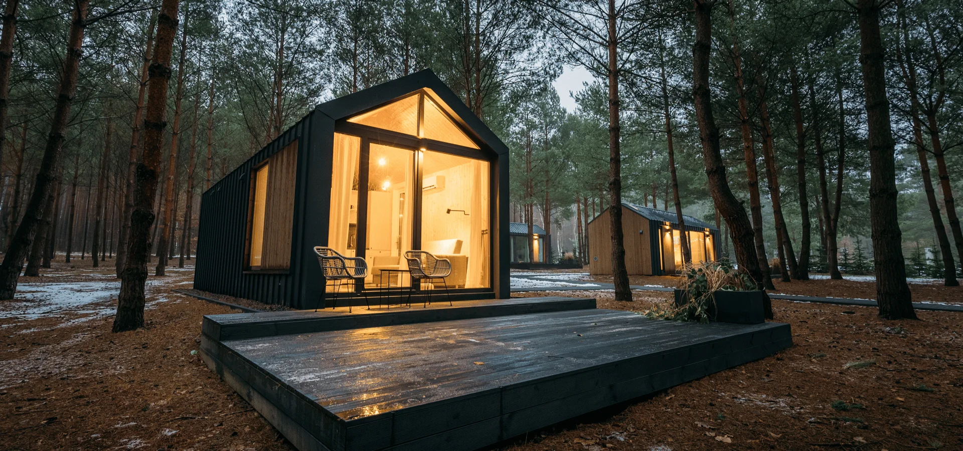 Tiny house Malmö in a dark forest, with a terrace and warm lighting inside.