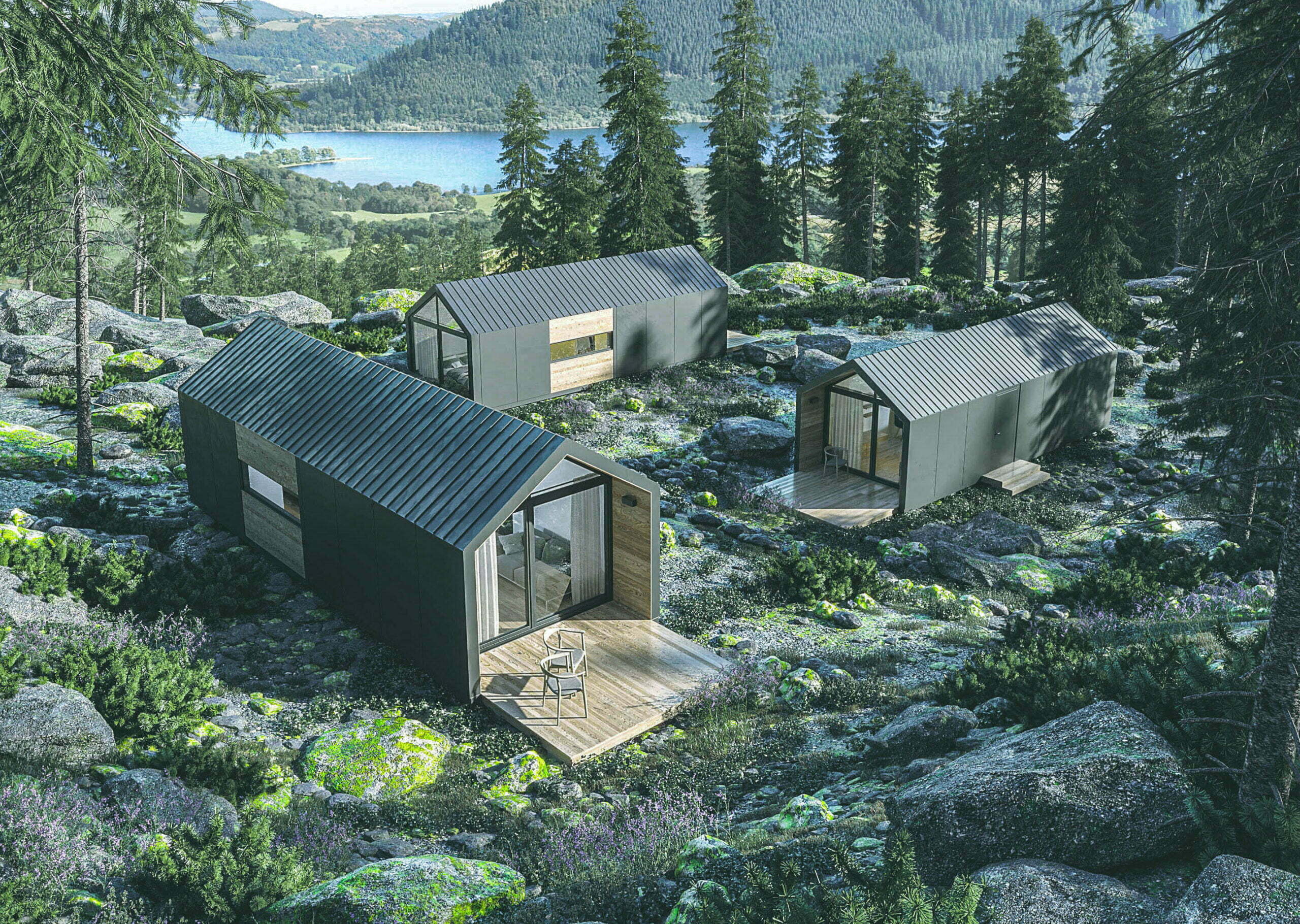 A group of three tiny houses in the middle of nature