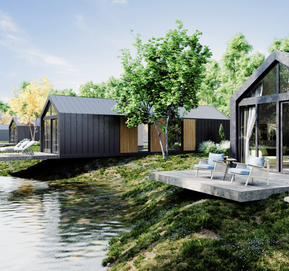 3D Design of Malmo XL Tiny Houses by the water, showcasing a glass façade and a serene waterfront porch