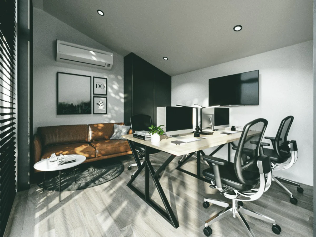 Garden office, large desk for four people, desk chairs, computer monitors, painting with sofa, wall-mounted TV, black finish, sliding door with black blinds