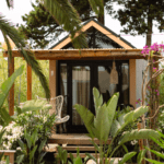 Tiny house surrounded by trees and bushes, wooden terrace, steel frame with wooden finish, palm tree, Ibiza, Spain