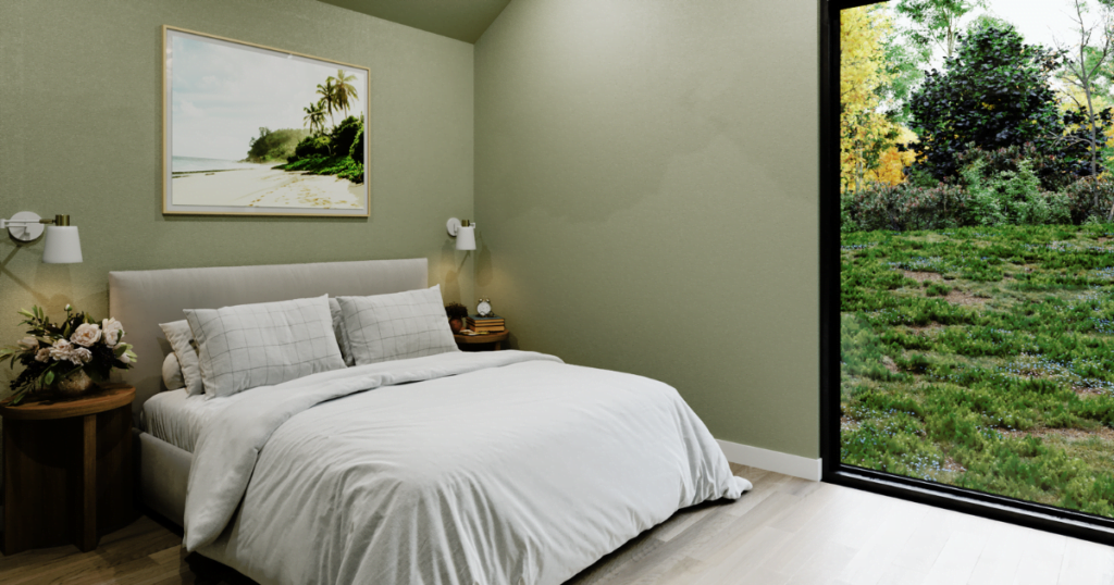 Sustainably Finished Bedroom, Large Window, Painting, Double Bed, Painting, Nightstand, Green Wallpaper