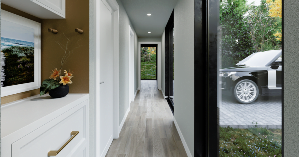 duurzaam modulair tiny house gang, groot ramen, parkeerdek met range rover, wit design, witte afkwerkingen