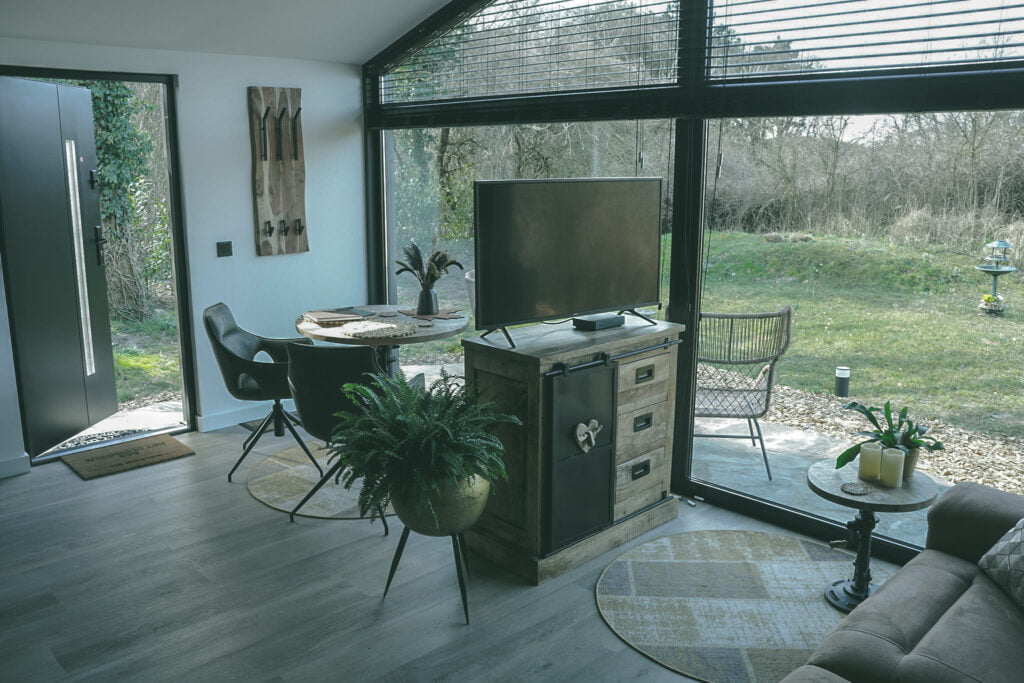 Small house interior, black table with chairs, cabinet with TV on it, large glass facade.